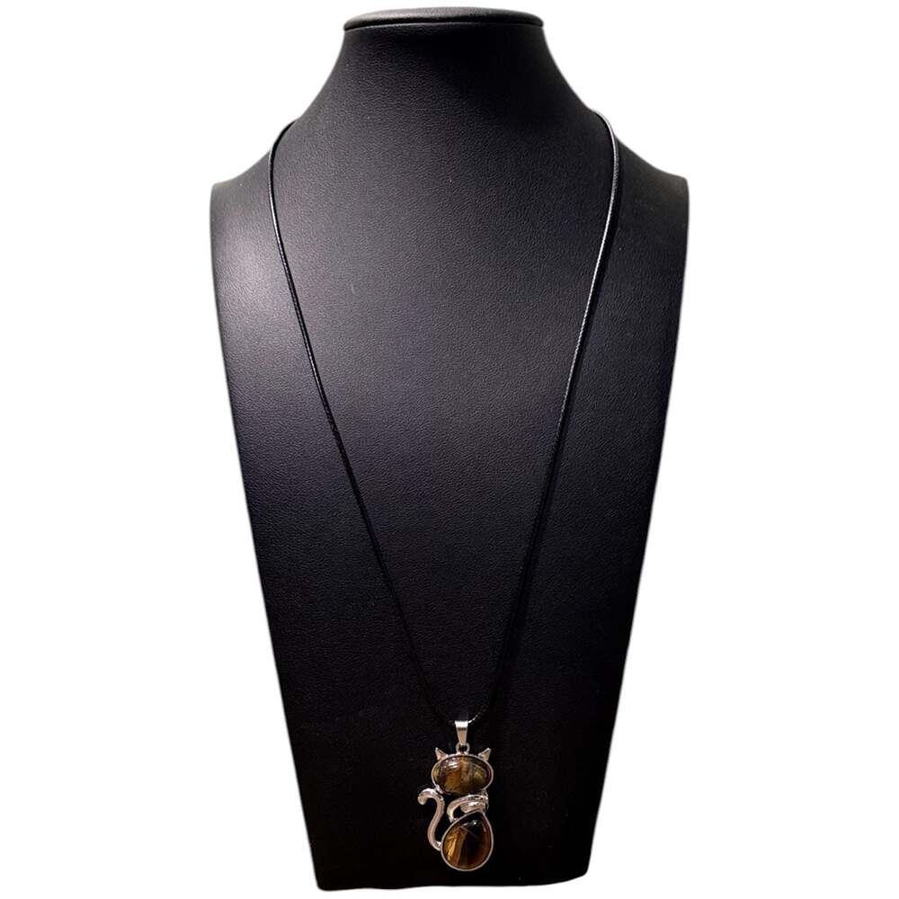 Tiger’s Eye Crystal Cat Pendant Black Cord Necklace - Picture 3 of 3